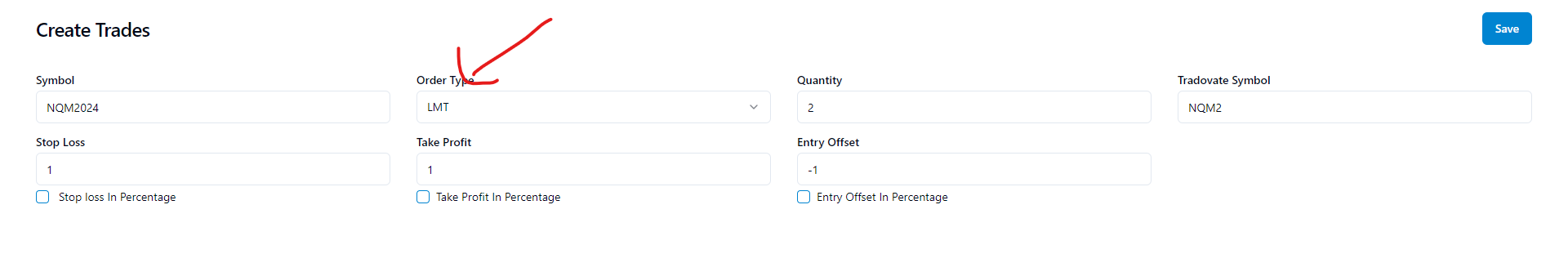 Order Type from TradingView to Tradovate